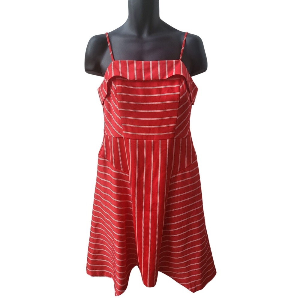 Banana Republic Striped Fit Flare Dress Sz 6 Red Strappy Handkerchief Midi Lined